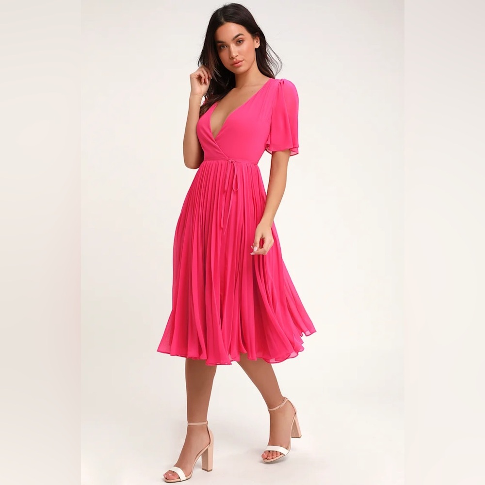 Lulus Pleats to Meet You Fuchsia Pink Pleated Midi Wrap Dress Size Small NEW